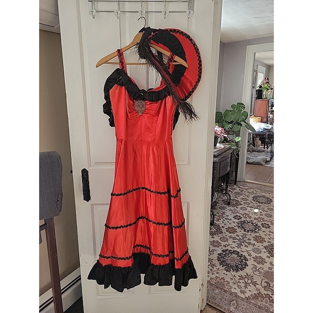 Vtg Spanish Dancer Costume Red Dress Hat Flamenco Showgirl Women Extra Small XS